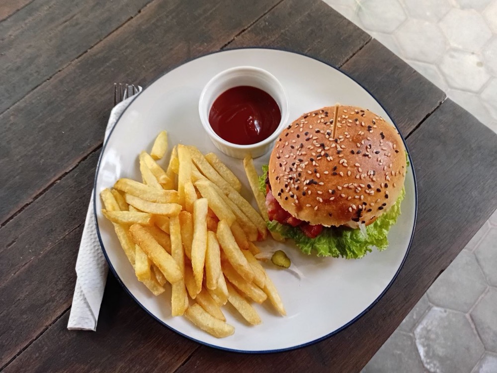 Beef burger and fries