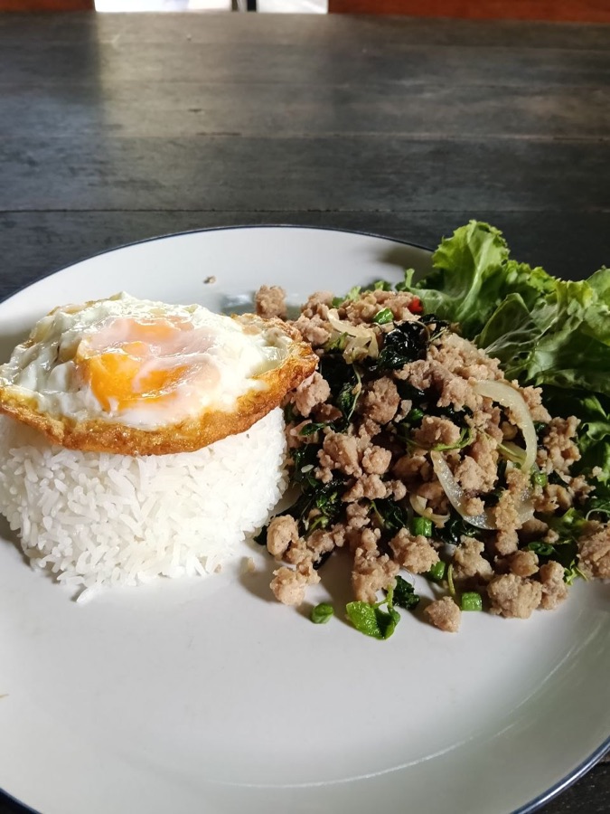 Stir fried basil & pork at Pomme Brewhouse, Siem Reap